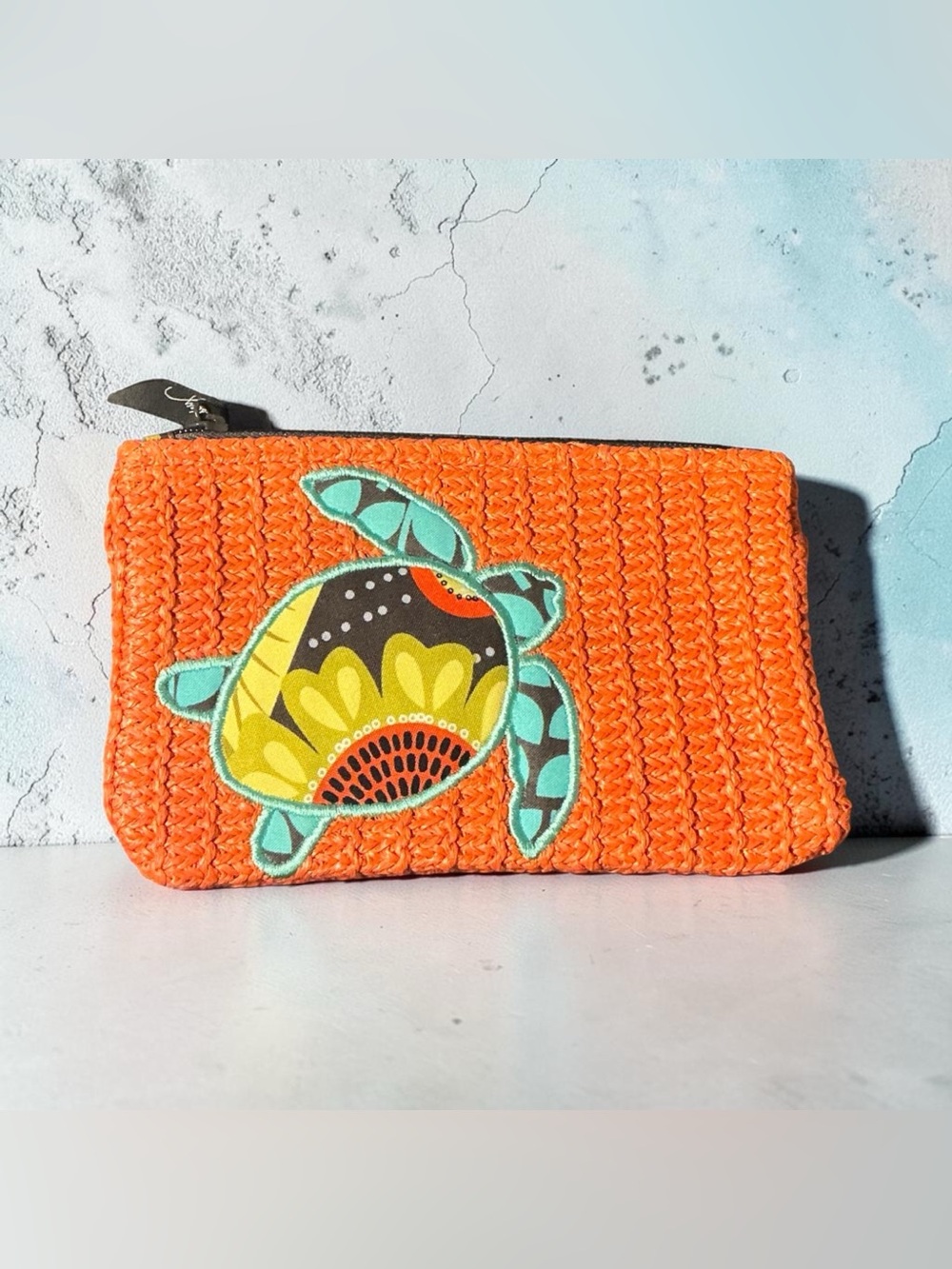 Vera Bradley Sea Turtle Orange Straw Coin Purse Wallet Zip Pouch Like New